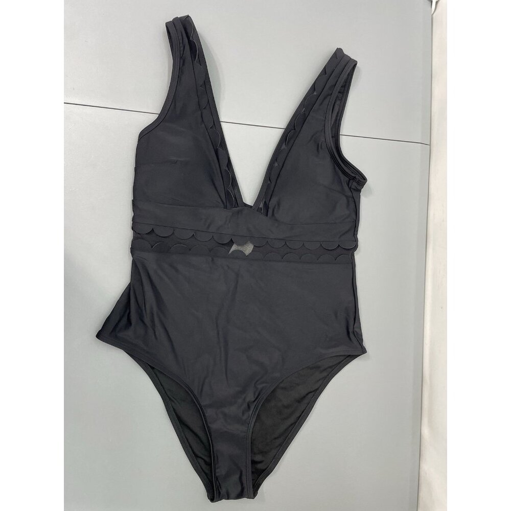 Cupshe Scalloped One Piece Swimsuit Deep V Neck Mesh Sheer Resort Beach Black L